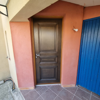 Porte d'entrée en bois sombre, élégance et robustesse